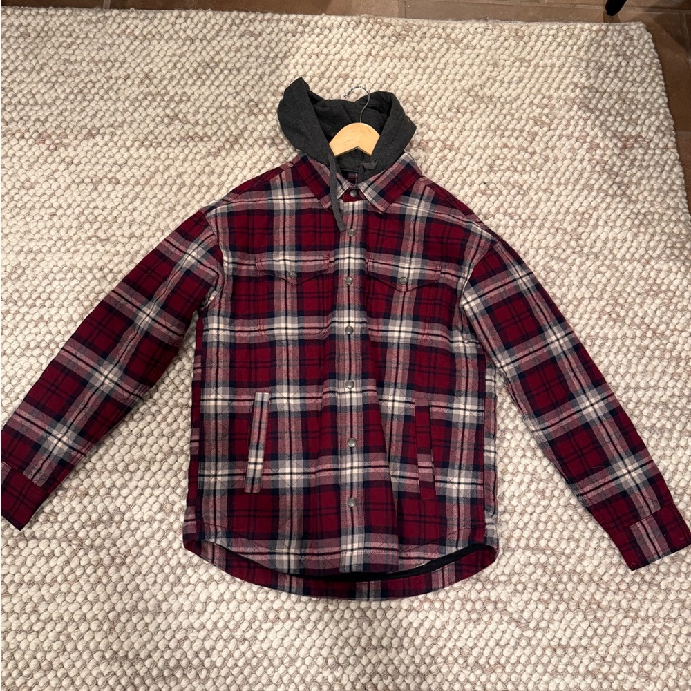 American Eagle Red Plaid Hooded Shirt Jacket